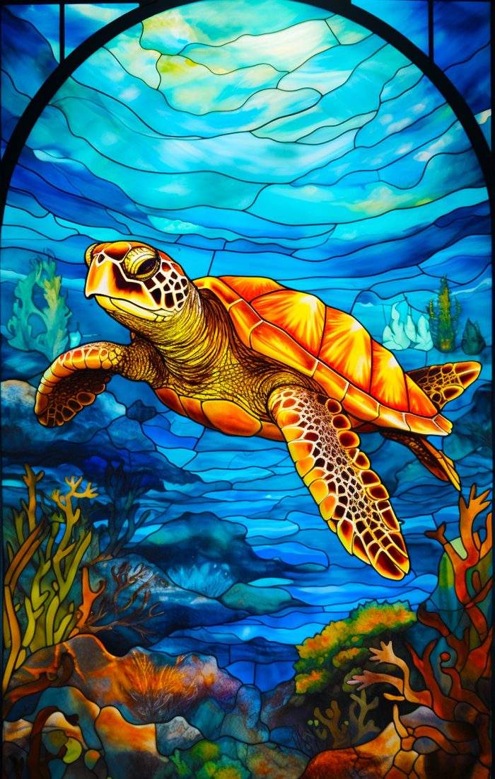 arafed-image-stained-glass-window-with-turtle-swimming-generative-ai