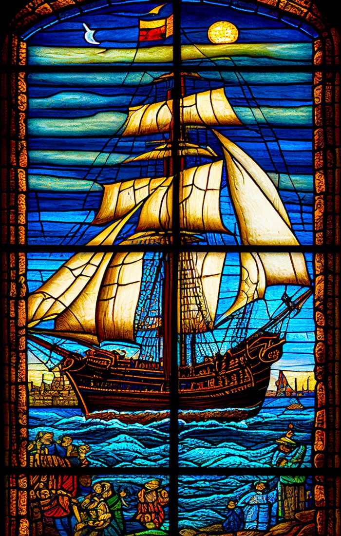 close-up-stained-glass-window-with-ship-background-generative-ai