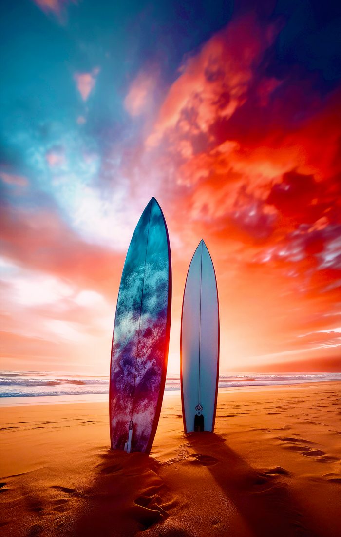 generative-ai-illustration-vividly-colored-surfboard-stuck-sand-beach-holidays