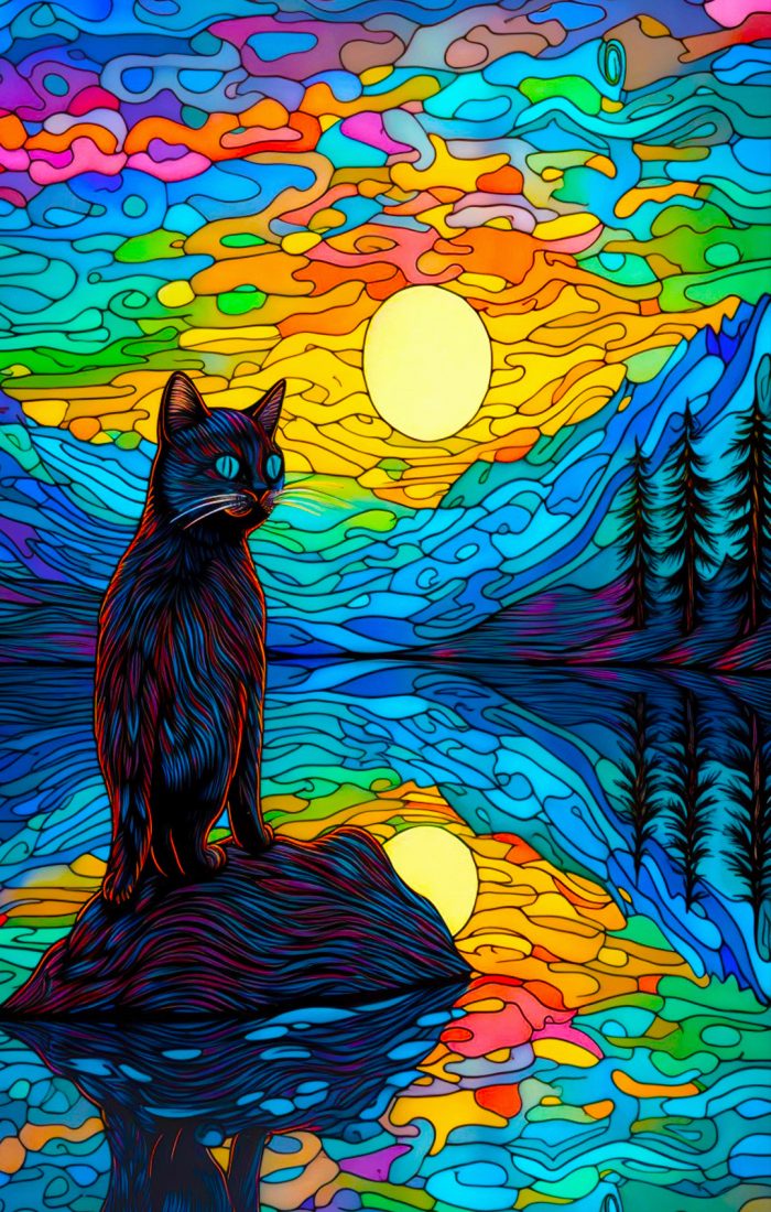 painting-black-cat-with-blue-eyes-sits-rock-front-lake